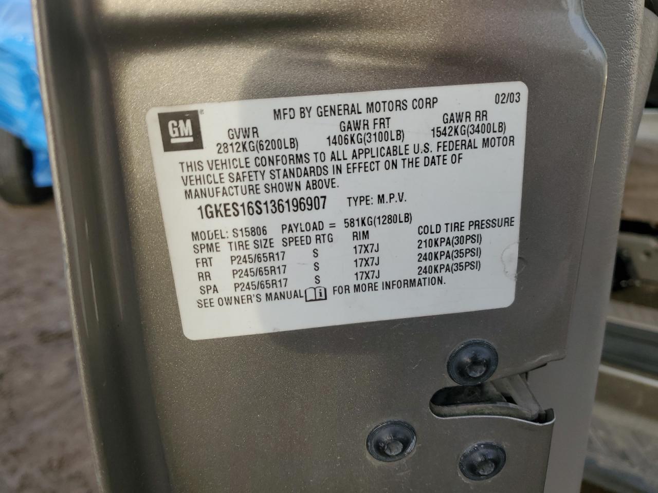 2003 GMC Envoy VIN 1GKES16S136196907 Copart auction photo, front end damage thumbnail 15
