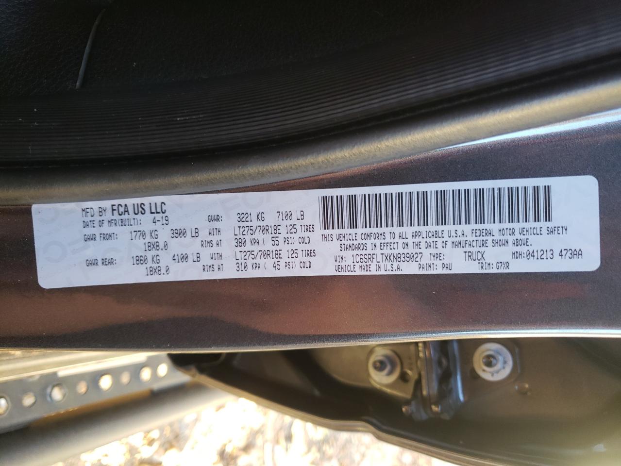 2019 RAM 1500 VIN 1C6SRFLTXKN839027 Copart auction photo, front end / undercarriage damage thumbnail 14