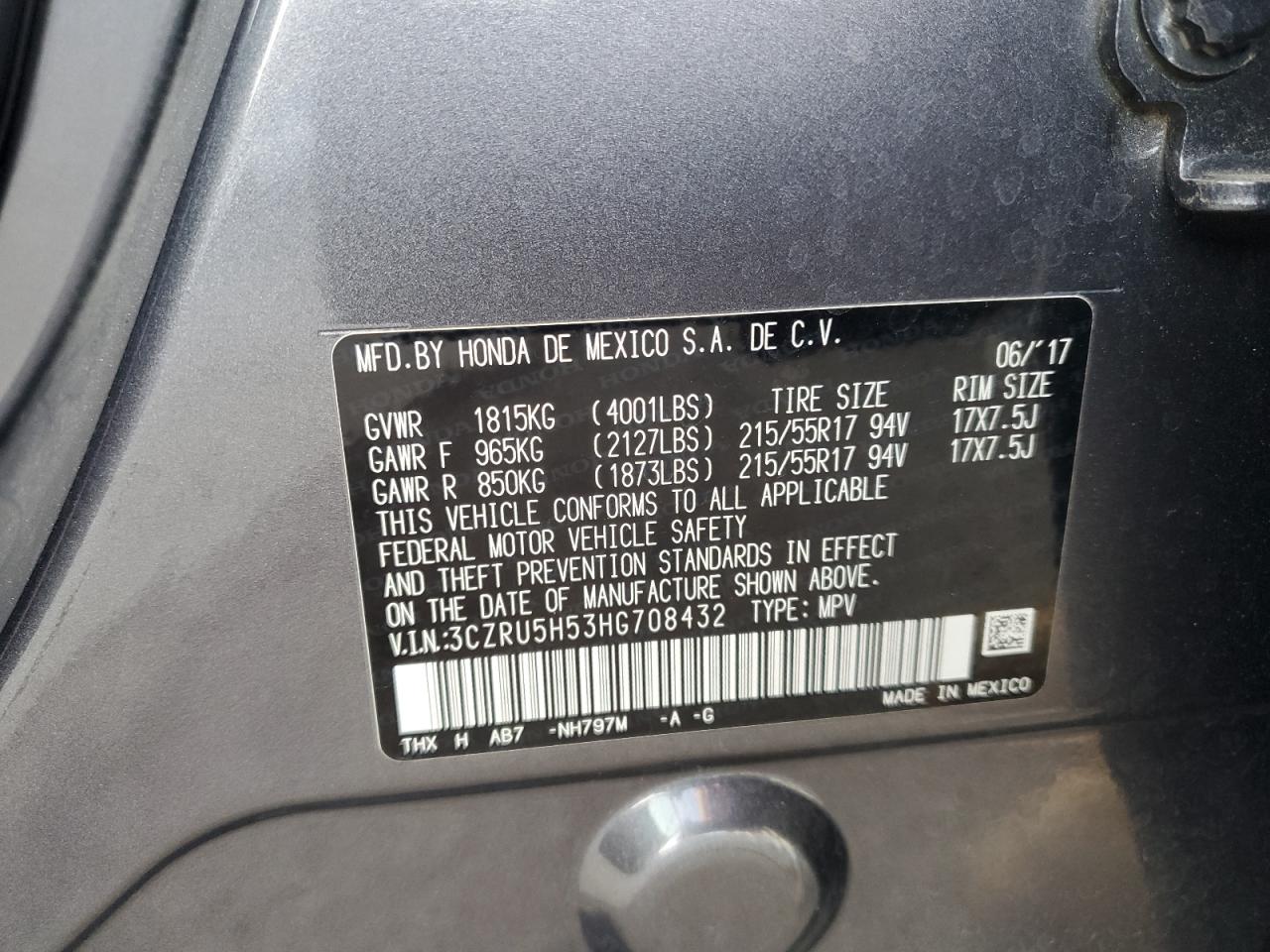 2017 Honda HR-V VIN 3CZRU5H53HG708432 Copart auction photo, all over damage thumbnail 13