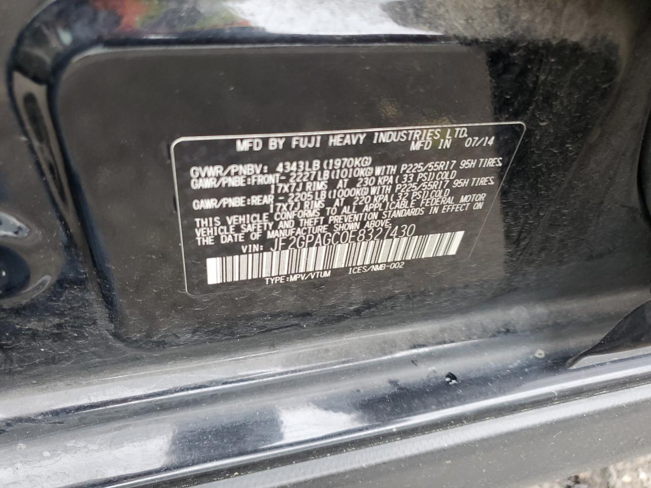 2014 Subaru XV VIN JF2GPAGC0E8327430 Copart auction photo, front end damage thumbnail 13