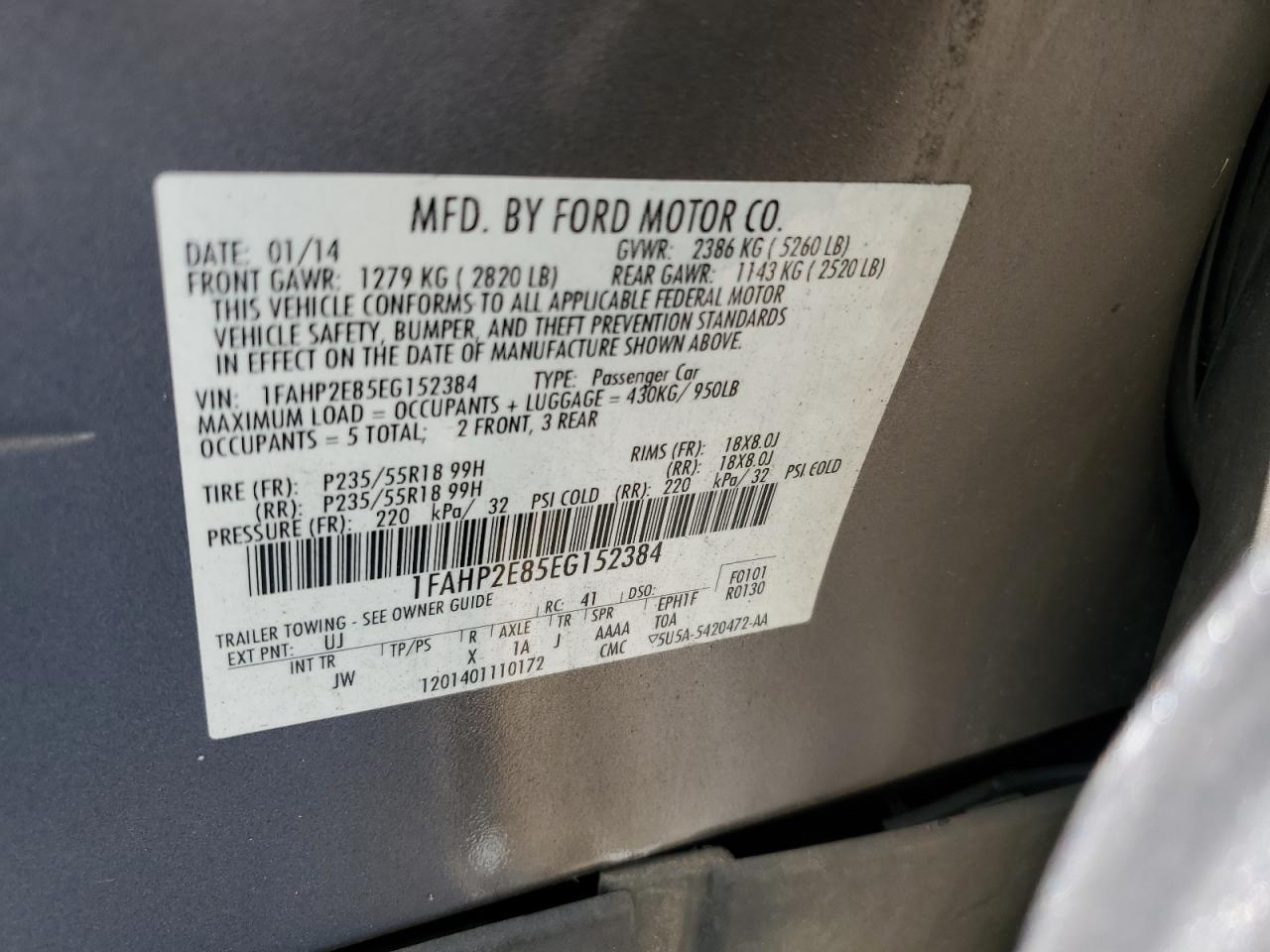 2014 Ford Taurus VIN 1FAHP2E85EG152384 Copart auction photo, side / rear end damage thumbnail 13