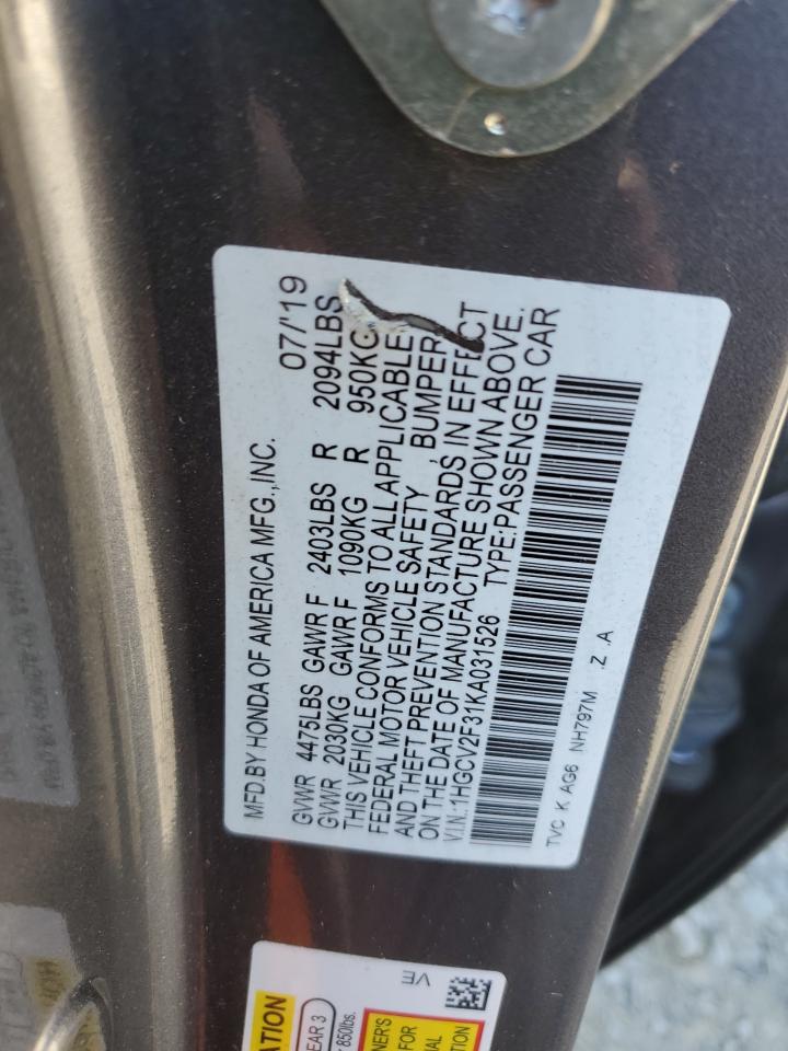 2019 Honda Accord VIN 1HGCV2F31KA031526 Copart auction photo, front end / rear end damage thumbnail 12