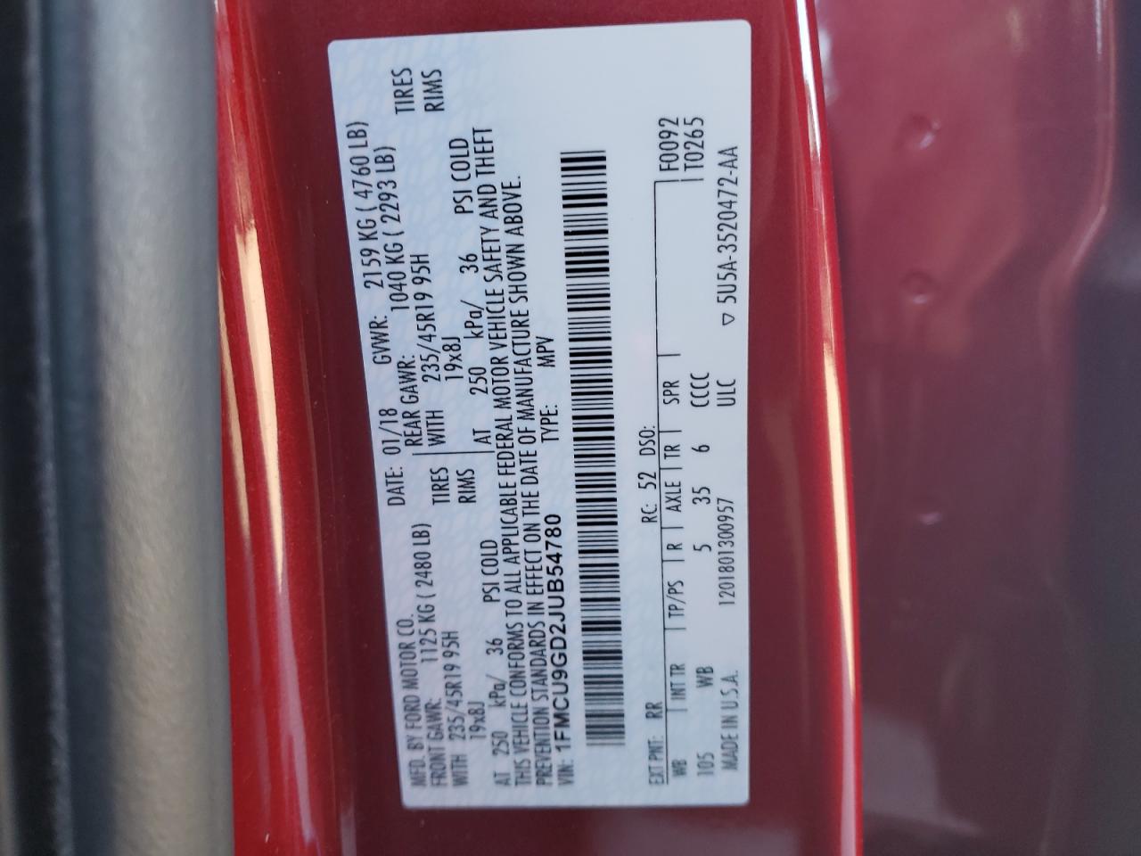 2018 Ford Escape VIN 1FMCU9GD2JUB54780 Copart auction photo, front end damage thumbnail 14