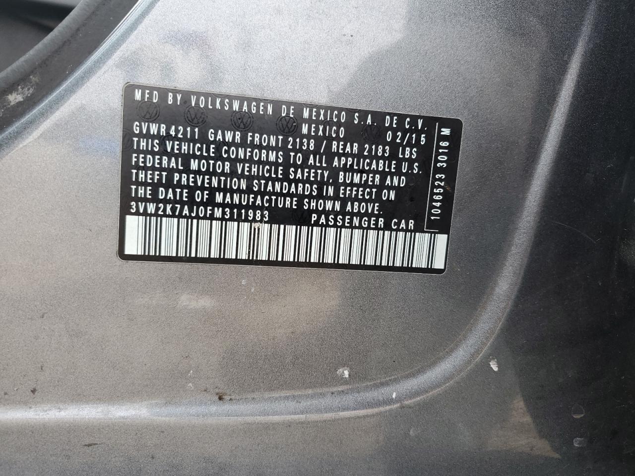 2015 Volkswagen Jetta VIN 3VW2K7AJ0FM311983 Copart auction photo, front end damage thumbnail 12