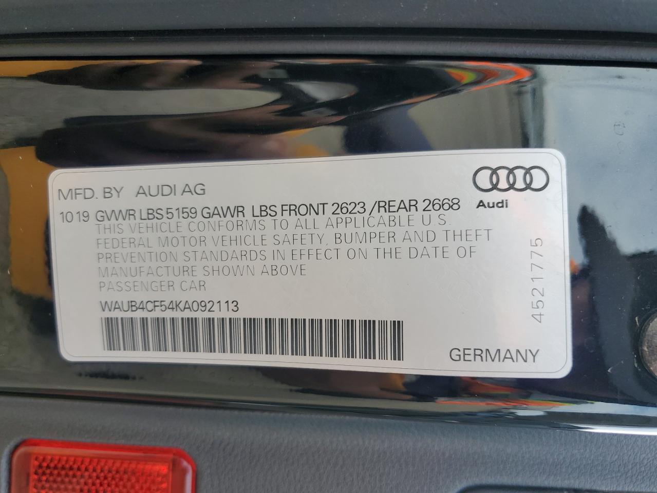 2019 Audi RS5 VIN WAUB4CF54KA092113 Copart auction photo, water/flood damage thumbnail 12