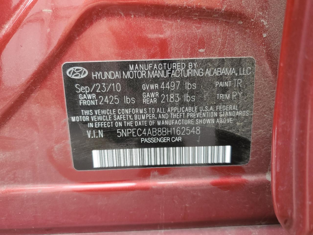 2011 Hyundai Sonata VIN 5NPEC4AB8BH162548 Copart auction photo, front end / side damage thumbnail 12