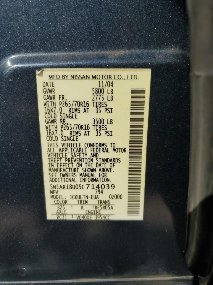 2005 Nissan Pathfinder VIN 5N1AR18U05C714039 Copart auction photo, front end / minor dent/scratches damage thumbnail 14