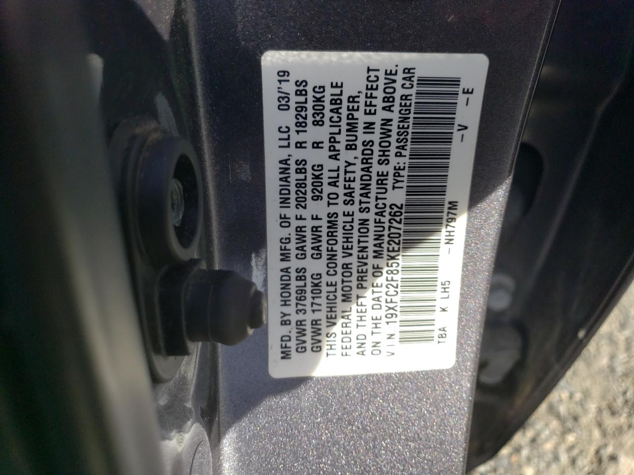2019 Honda Civic VIN 19XFC2F85KE207262 Copart auction photo, front end damage thumbnail 13