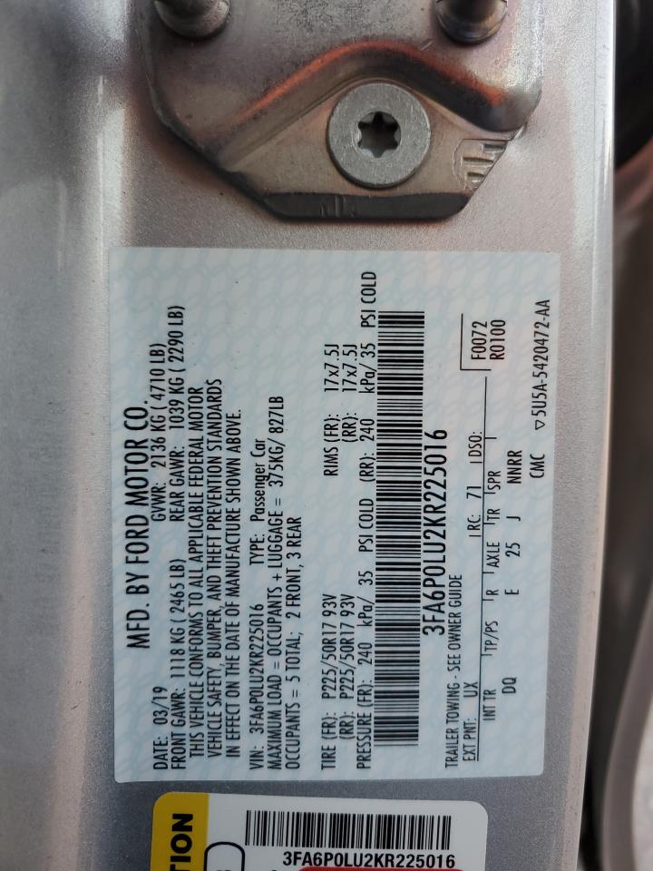 2019 Ford Fusion VIN 3FA6P0LU2KR225016 Copart auction photo, hail / rear end damage thumbnail 12