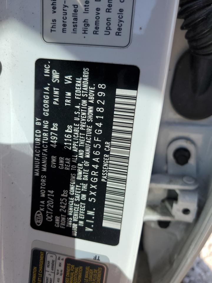 2015 KIA Optima VIN 5XXGR4A65FG418298 Copart auction photo, hail / rear end damage thumbnail 12