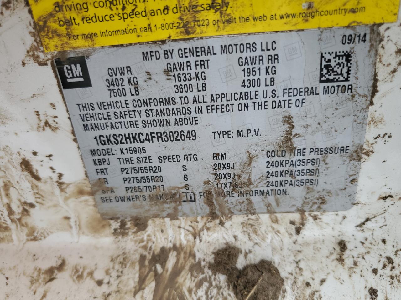 2015 GMC Yukon VIN 1GKS2HKC4FR302649 Copart auction photo, rear end / side damage thumbnail 13