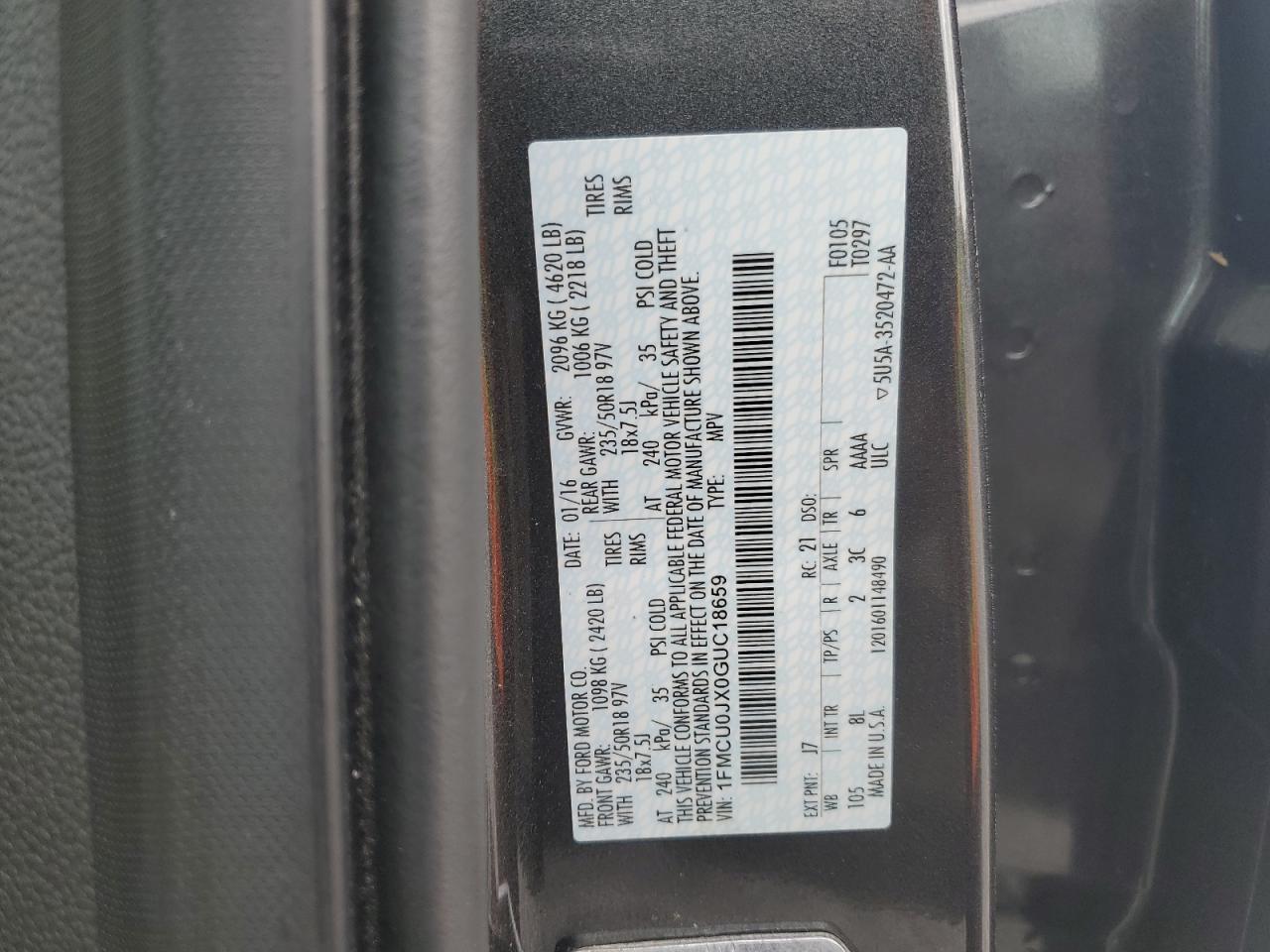 2016 Ford Escape VIN 1FMCU0JX0GUC18659 Copart auction photo, front end damage thumbnail 13