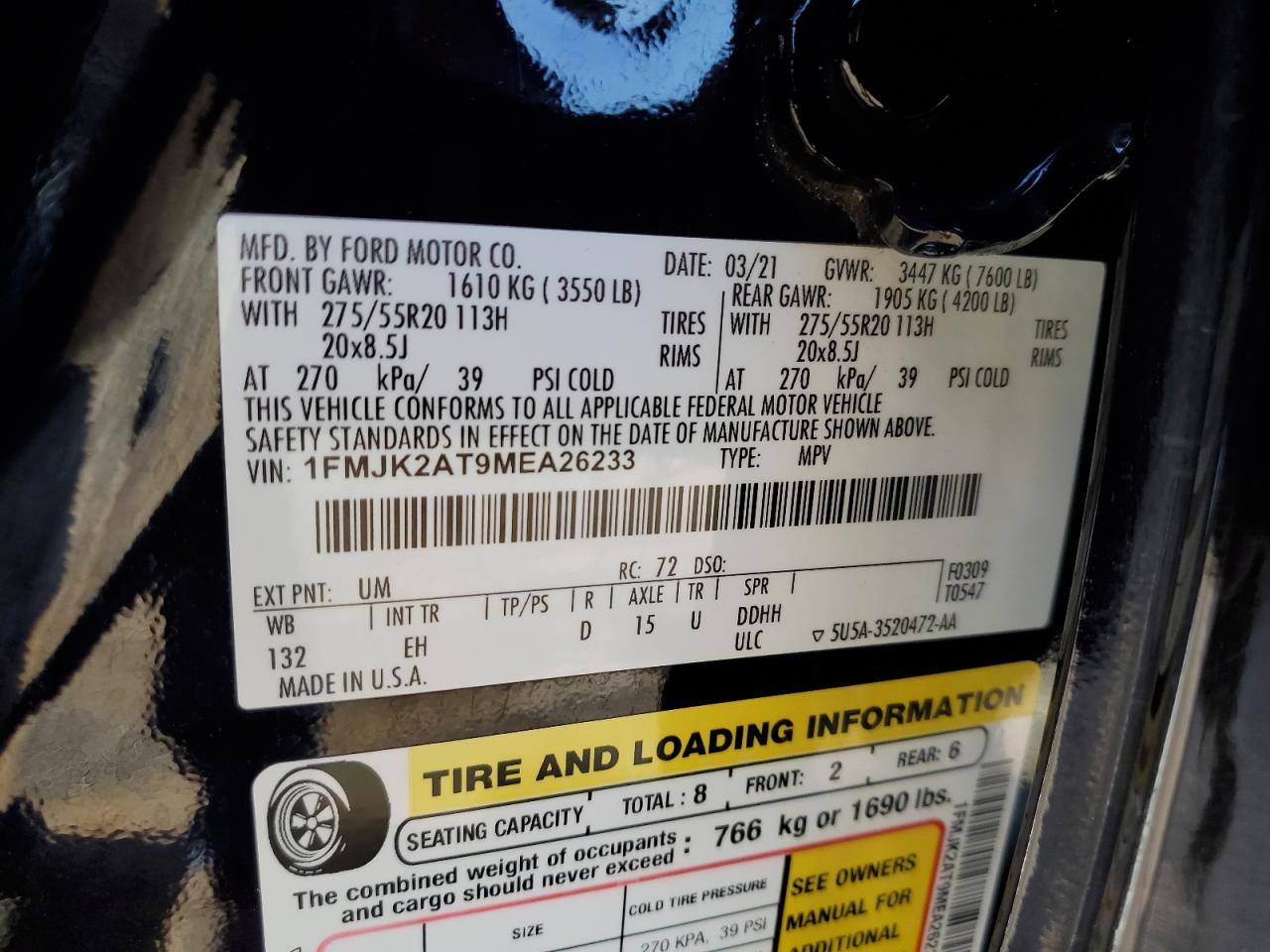 2021 Ford Expedition VIN 1FMJK2AT9MEA26233 Copart auction photo, front end damage thumbnail 13