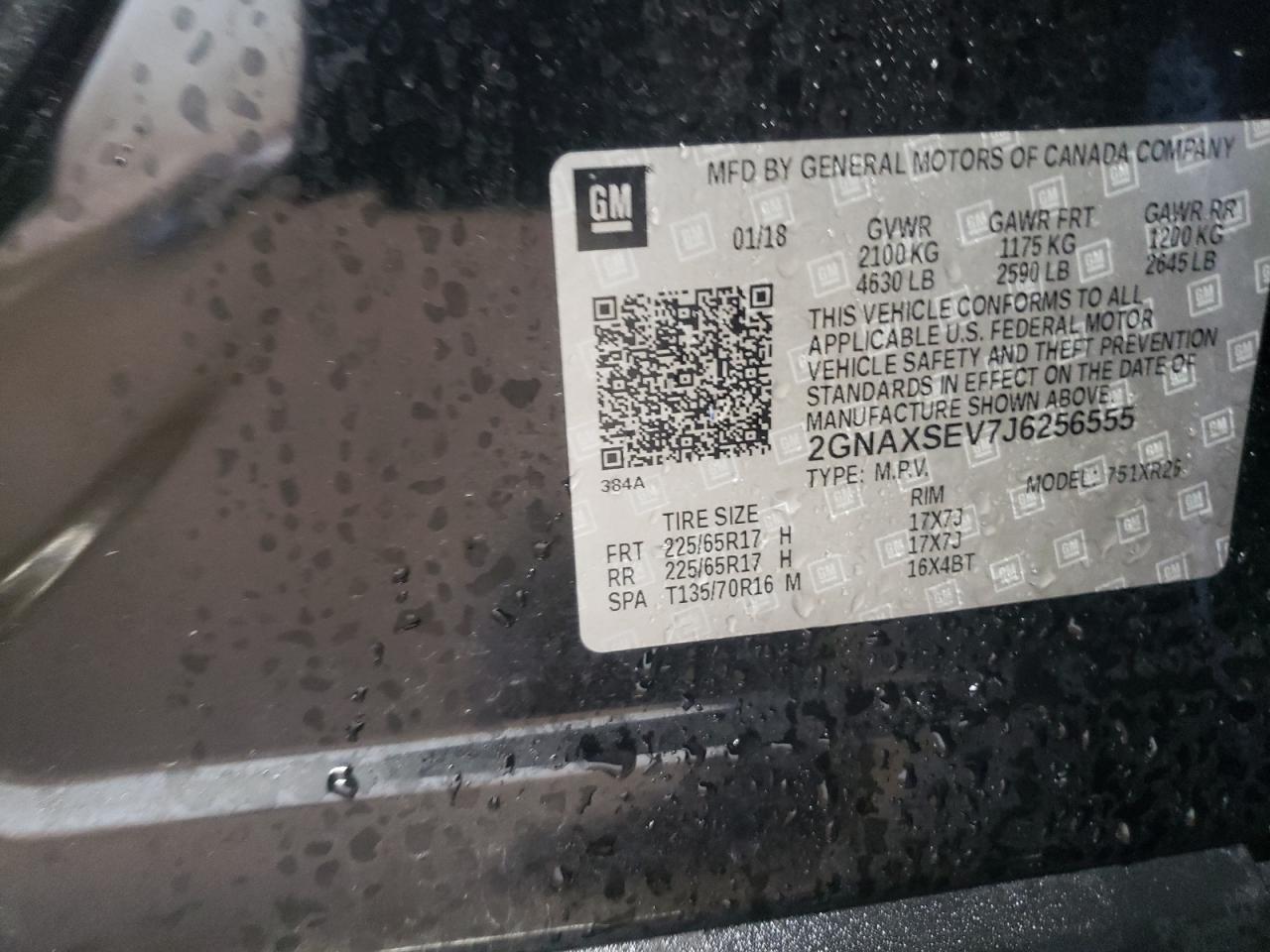 2018 Chevrolet Equinox VIN 2GNAXSEV7J6256555 Copart auction photo, front end / rear end damage thumbnail 12