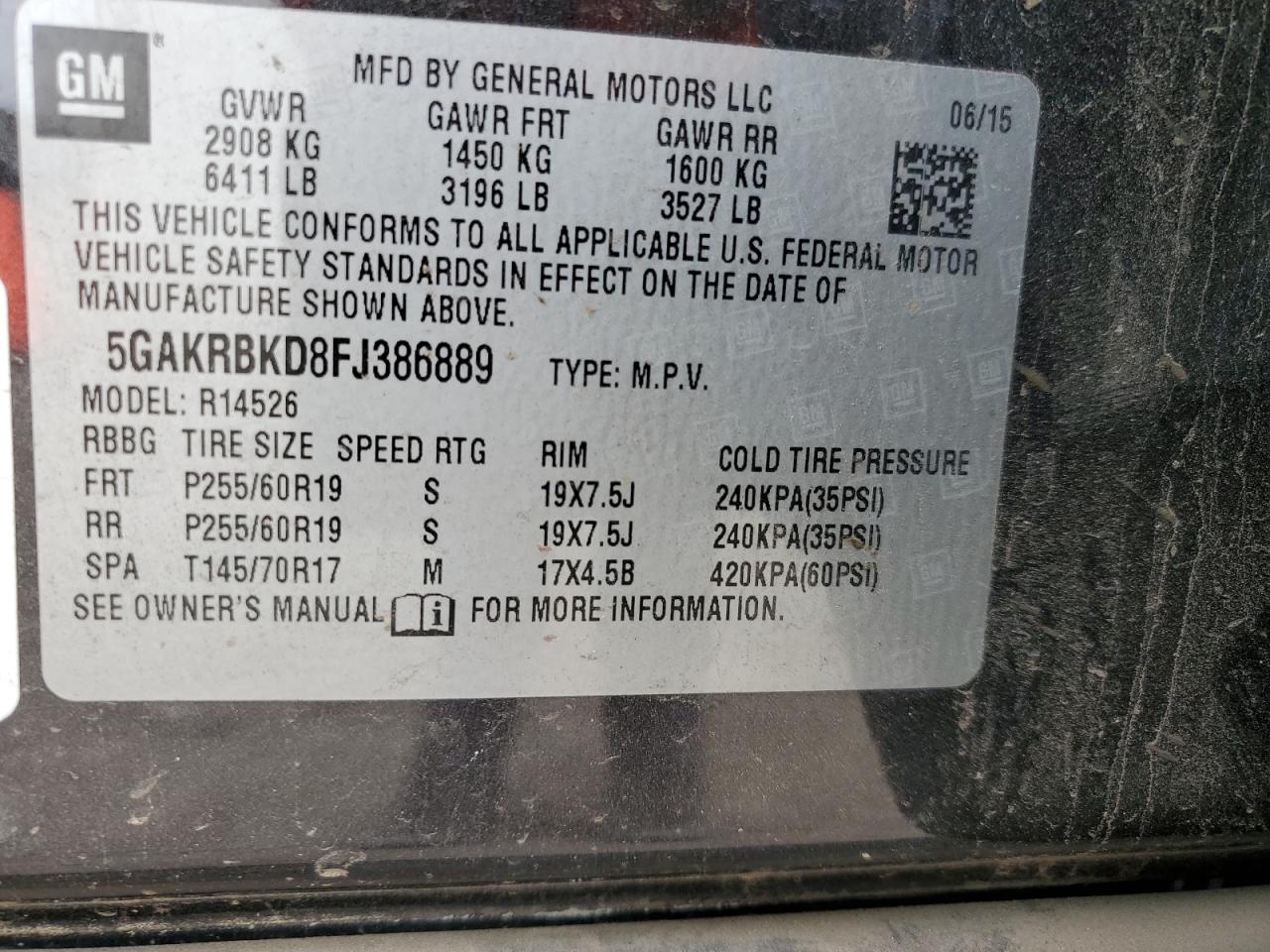 2015 Buick Enclave VIN 5GAKRBKD8FJ386889 Copart auction photo, front end damage thumbnail 13