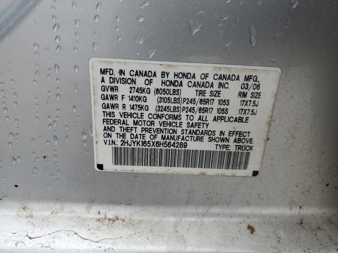 2006 Honda Ridgeline VIN 2HJYK165X6H564289 Copart auction photo, all over / undercarriage damage thumbnail 14
