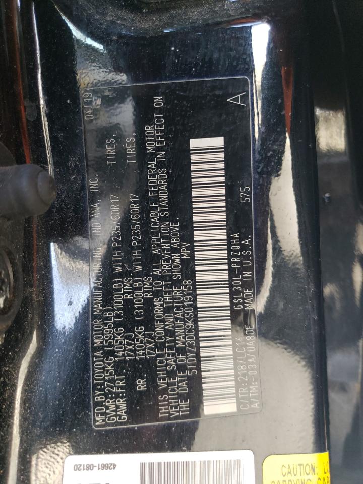 2019 Toyota Sienna VIN 5TDYZ3DC9KS019158 Copart auction photo, rear end damage thumbnail 13