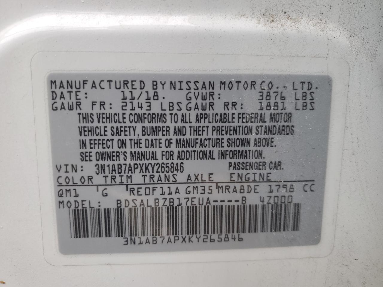 2019 Nissan Sentra VIN 3N1AB7APXKY265846 Copart auction photo, all over damage thumbnail 13