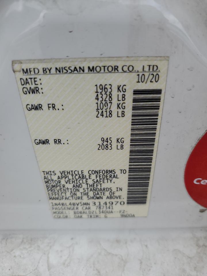 2021 Nissan Altima VIN 1N4BL4BV5MN314970 Copart auction photo, front end / side damage thumbnail 13