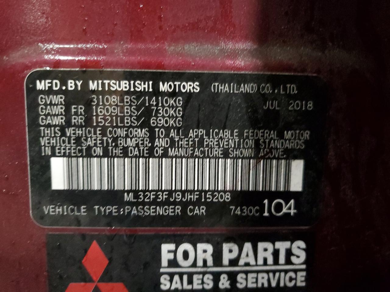 2018 Mitsubishi Mirage VIN ML32F3FJ9JHF15208 Copart auction photo, rear end / side damage thumbnail 12