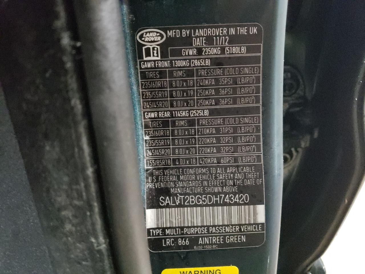 2013 Land Rover Range Rover VIN SALVT2BG5DH743420 Copart auction photo, front end damage thumbnail 13