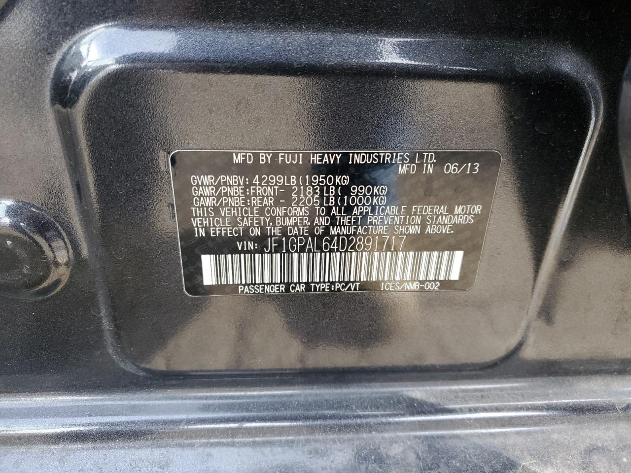 2013 Subaru Impreza VIN JF1GPAL64D2891717 Copart auction photo, front end damage thumbnail 12