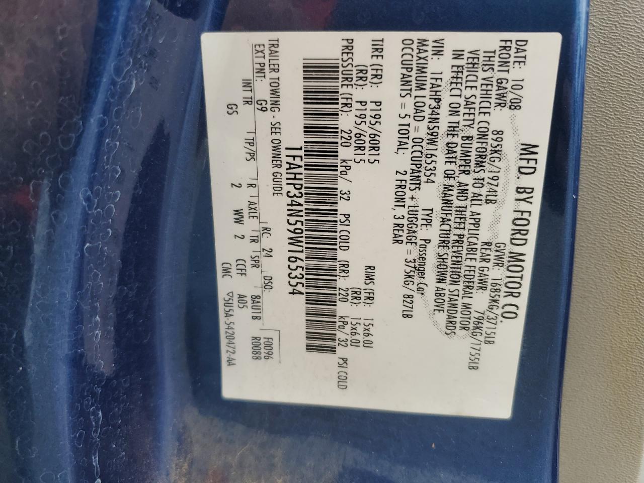 2009 Ford Focus VIN 1FAHP34N59W165354 Copart auction photo, front end damage thumbnail 14