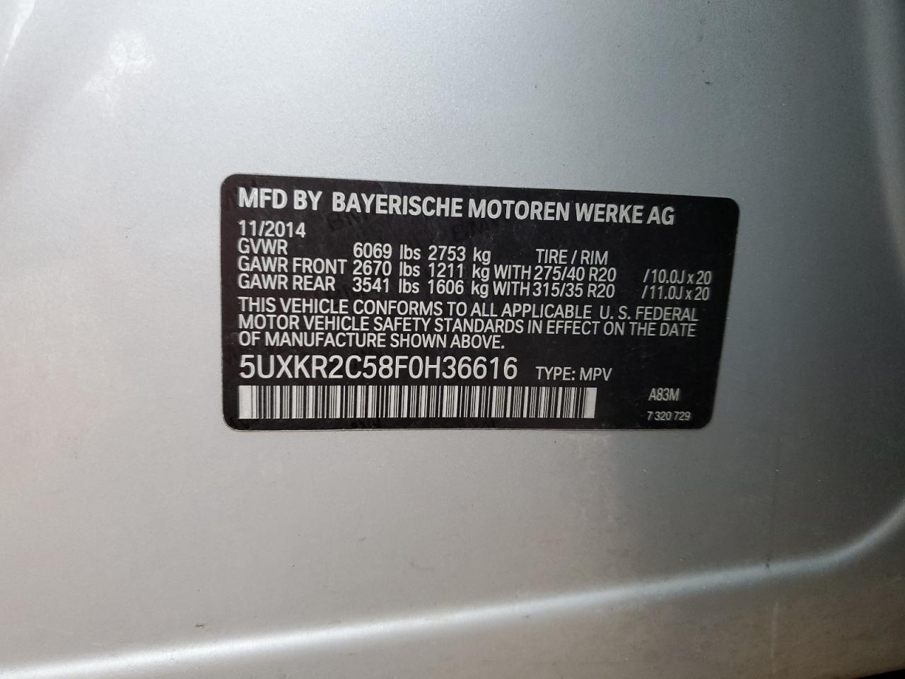 2015 BMW X5 VIN 5UXKR2C58F0H36616 Copart auction photo, front end / side damage thumbnail 14