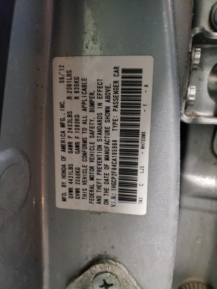 2012 Honda Accord VIN 1HGCP2F84CA195988 Copart auction photo, front end / side damage thumbnail 13