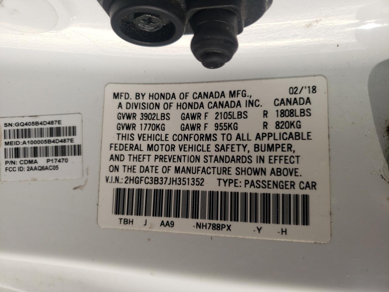 2018 Honda Civic VIN 2HGFC3B37JH351352 Copart auction photo, front end damage thumbnail 14