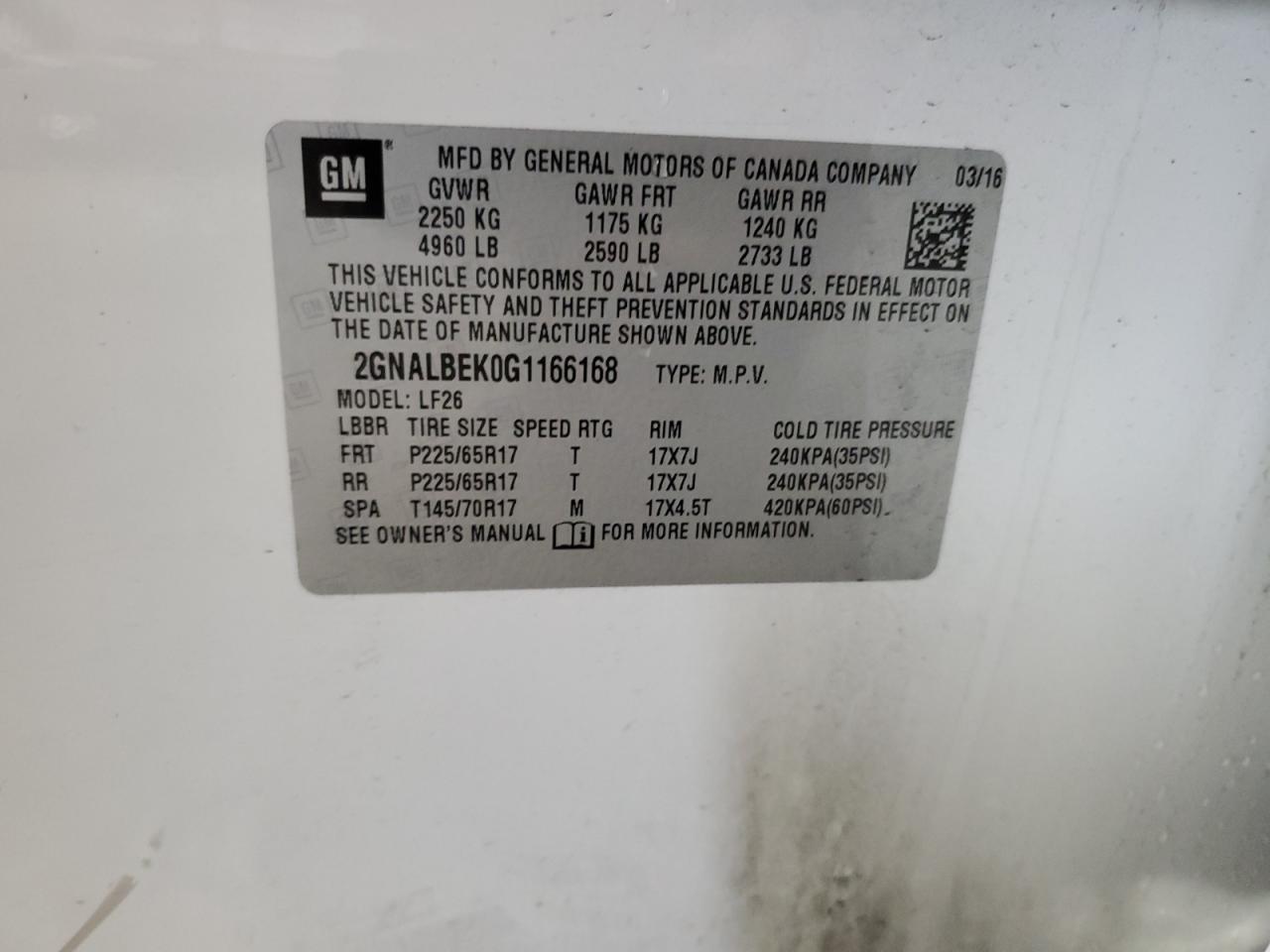 2016 Chevrolet Equinox VIN 2GNALBEK0G1166168 Copart auction photo, all over / mechanical damage thumbnail 12