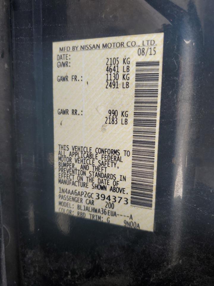 2016 Nissan Maxima VIN 1N4AA6AP2GC394373 Copart auction photo, front end damage thumbnail 12