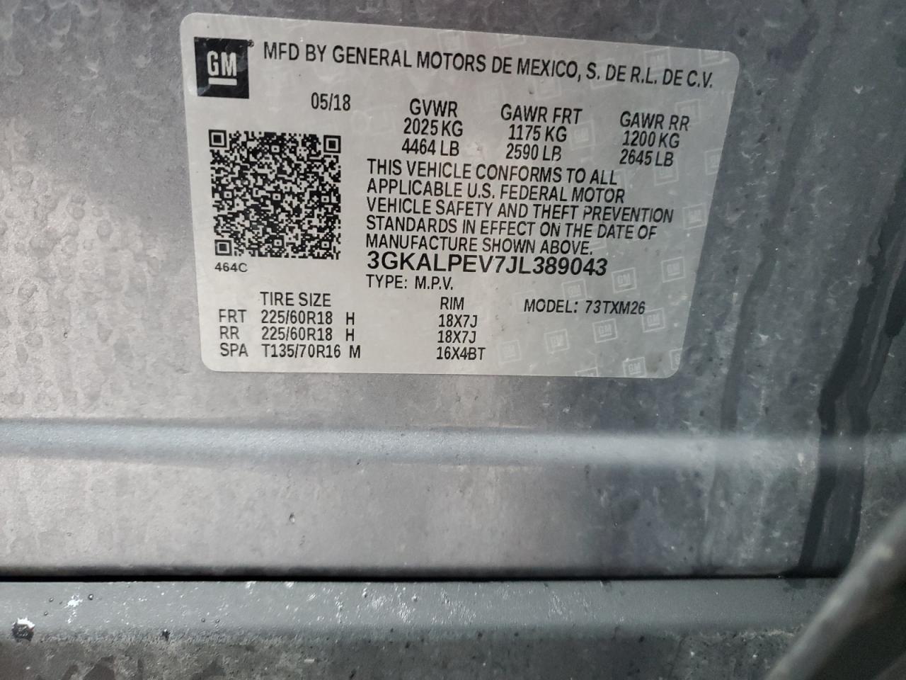 2018 GMC Terrain VIN 3GKALPEV7JL389043 Copart auction photo, front end damage thumbnail 12