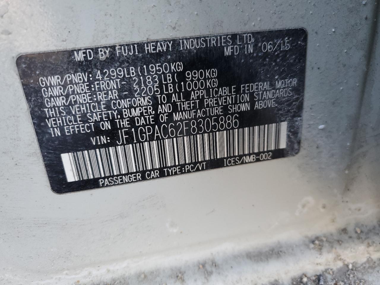 2015 Subaru Impreza VIN JF1GPAC62F8305886 Copart auction photo, all over damage thumbnail 13