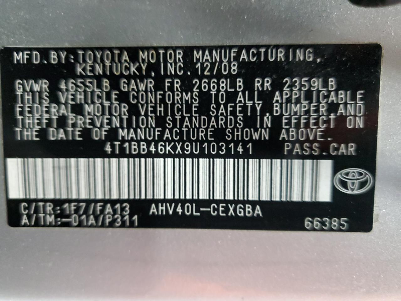 2009 Toyota Camry VIN 4T1BB46KX9U103141 Copart auction photo, all over damage thumbnail 12