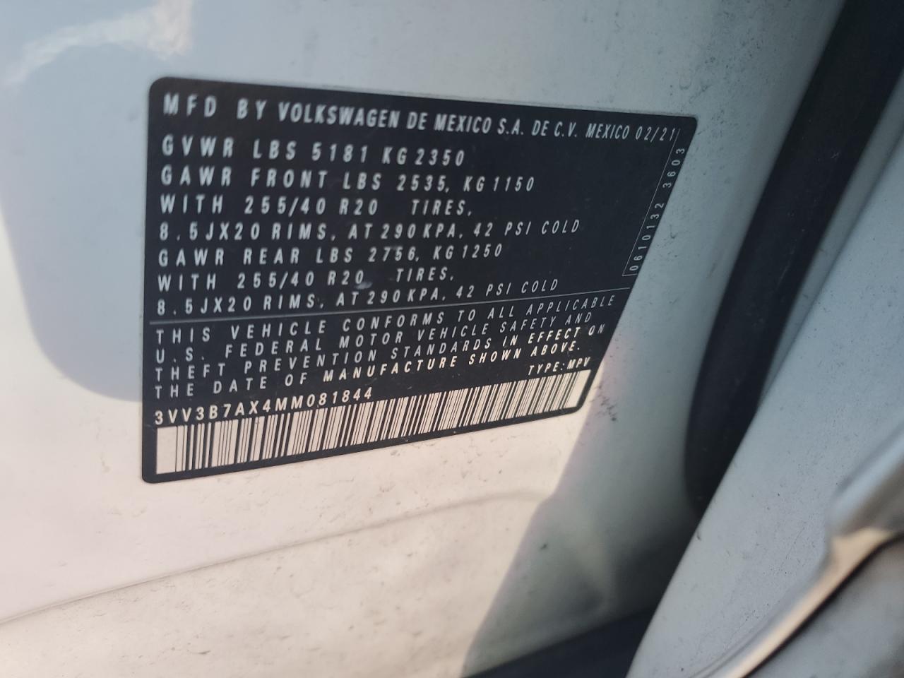 2021 Volkswagen Tiguan VIN 3VV3B7AX4MM081844 Copart auction photo, rear end damage thumbnail 12