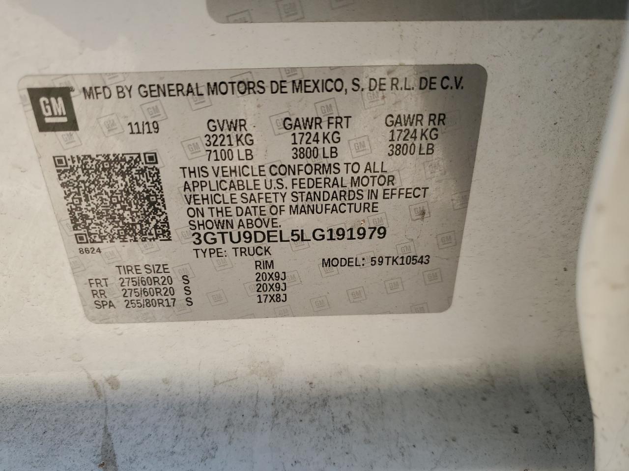 2020 GMC Sierra VIN 3GTU9DEL5LG191979 Copart auction photo, front end damage thumbnail 14