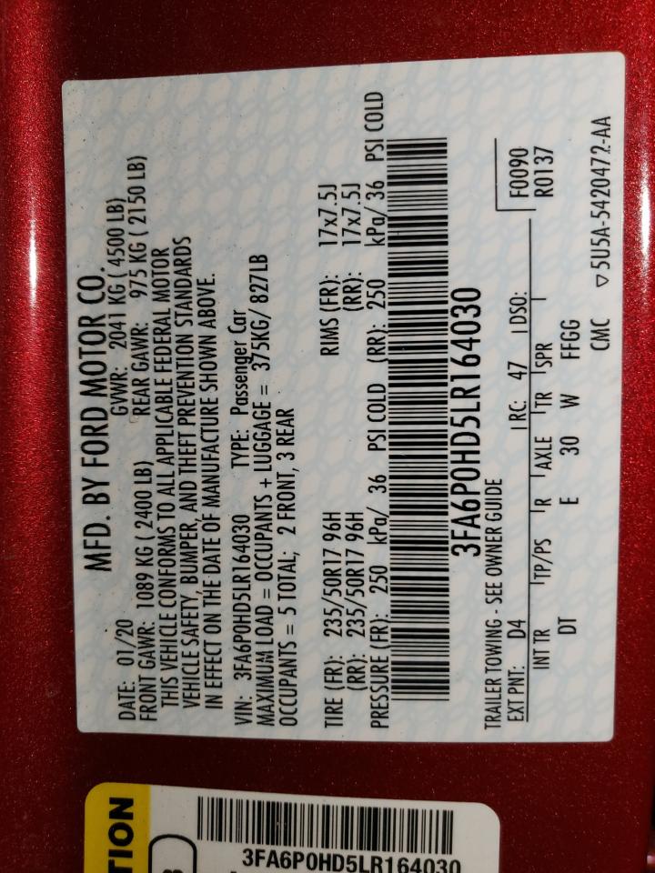 2020 Ford Fusion VIN 3FA6P0HD5LR164030 Copart auction photo, rear end damage thumbnail 12