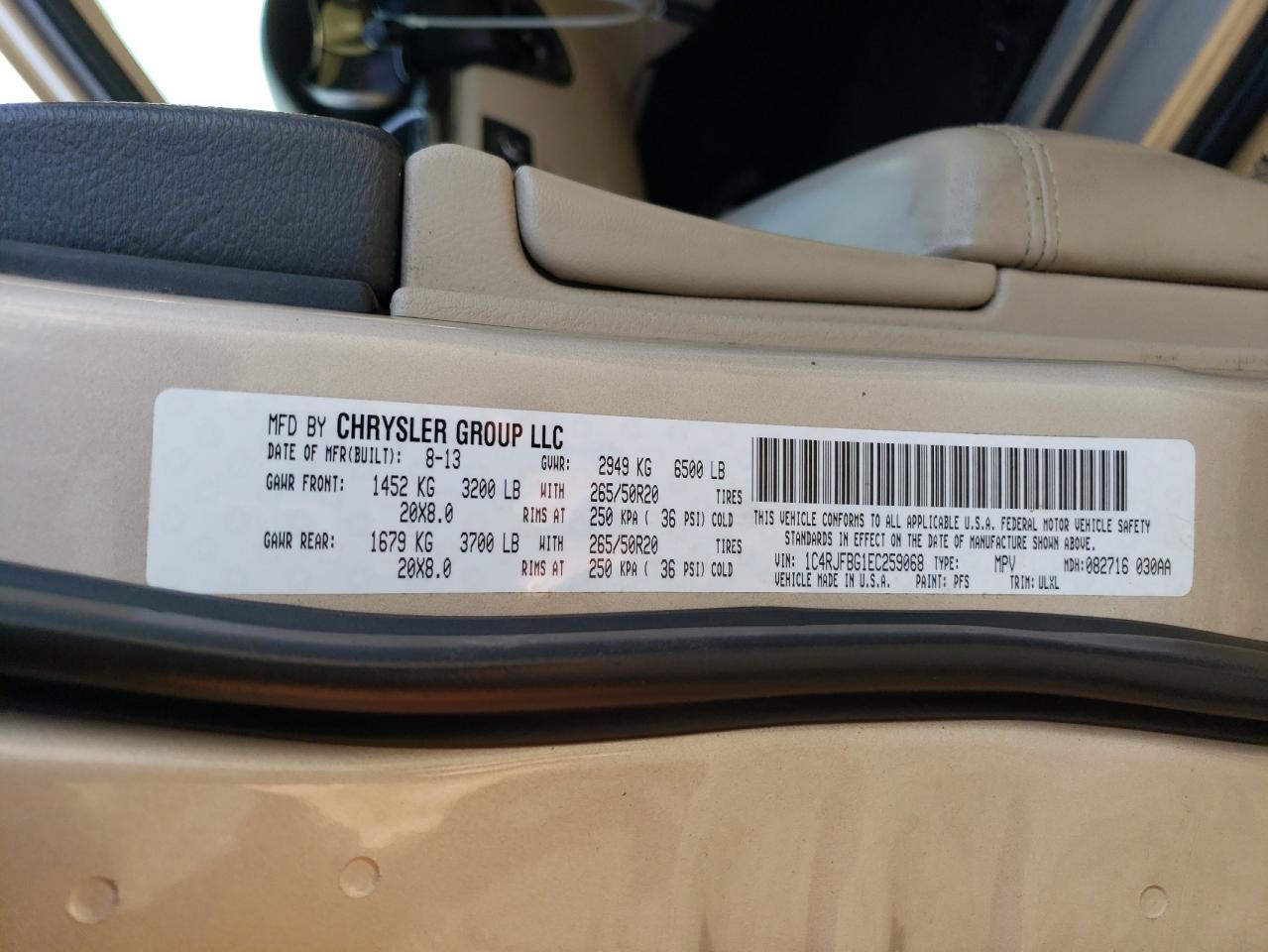 2014 Jeep Grand Cherokee VIN 1C4RJFBG1EC259068 Copart auction photo, all over / undercarriage damage thumbnail 13