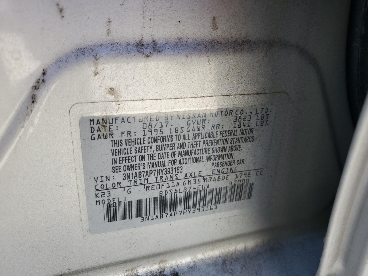 2017 Nissan Sentra VIN 3N1AB7AP7HY393163 Copart auction photo, front end / side damage thumbnail 13