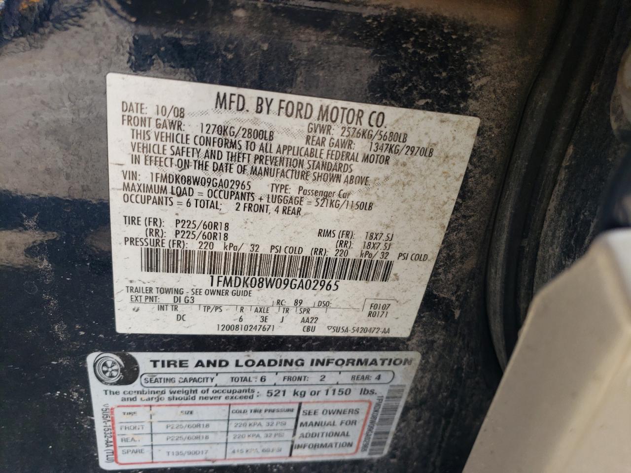 2009 Ford Taurus VIN 1FMDK08W09GA02965 Copart auction photo, front end damage thumbnail 14