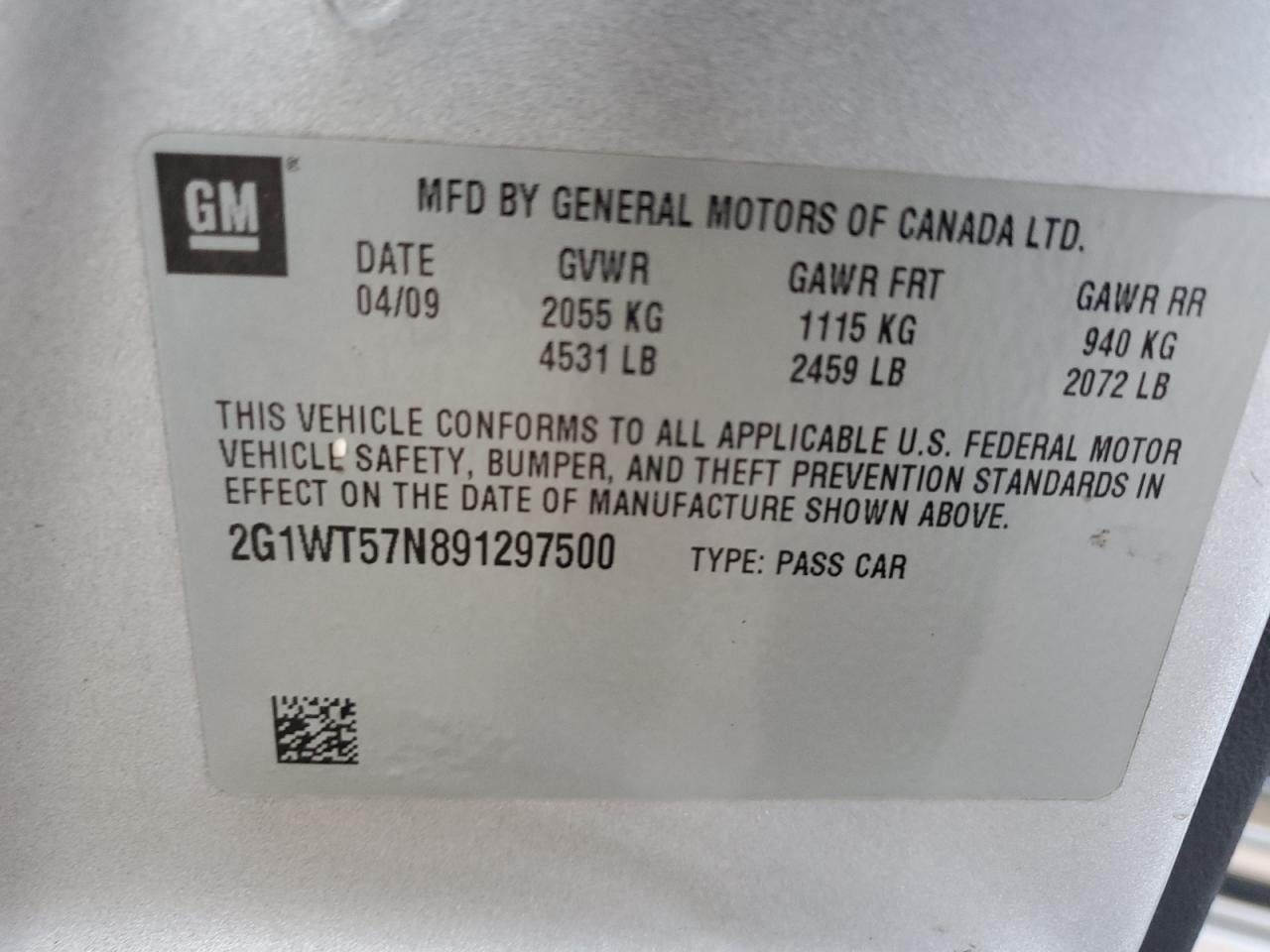 2009 Chevrolet Impala VIN 2G1WT57N891297500 Copart auction photo, side / front end damage thumbnail 12