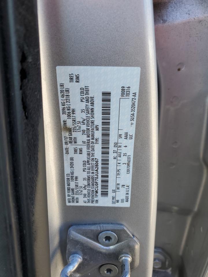 2018 Ford Escape VIN 1FMCU0F70JUA28067 Copart auction photo, front end / minor dent/scratches damage thumbnail 15