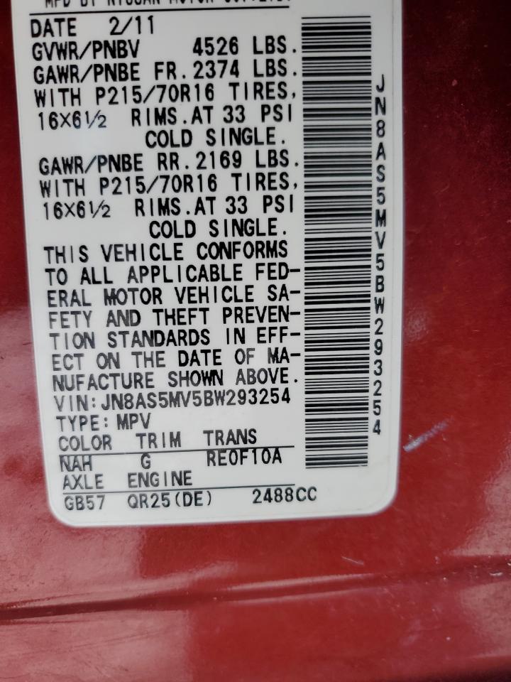 2011 Nissan Rogue VIN JN8AS5MV5BW293254 Copart auction photo, rear end / front end damage thumbnail 14