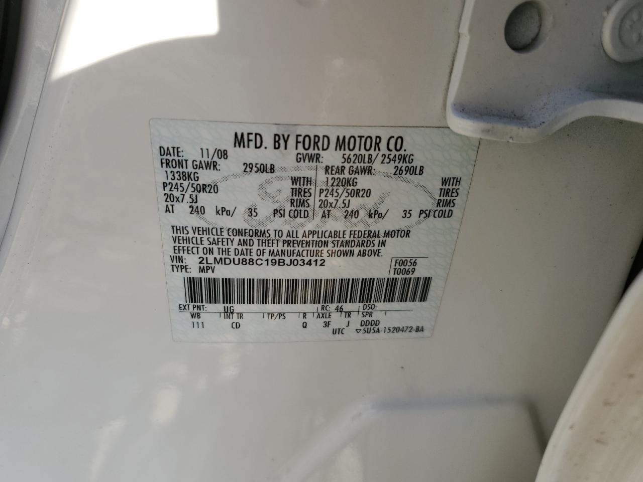 2009 Lincoln MKX VIN 2LMDU88C19BJ03412 Copart auction photo, front end damage thumbnail 15