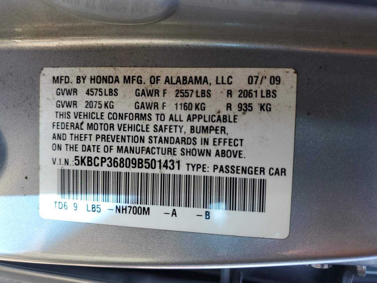 2009 Honda Accord VIN 5KBCP36809B501431 Copart auction photo, front end / side damage thumbnail 13