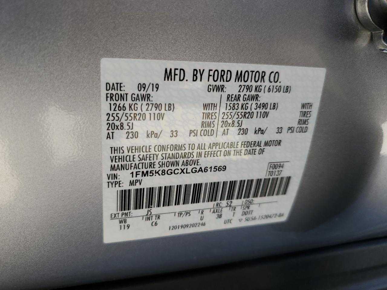 2020 Ford Explorer VIN 1FM5K8GCXLGA61569 Copart auction photo, front end damage thumbnail 16