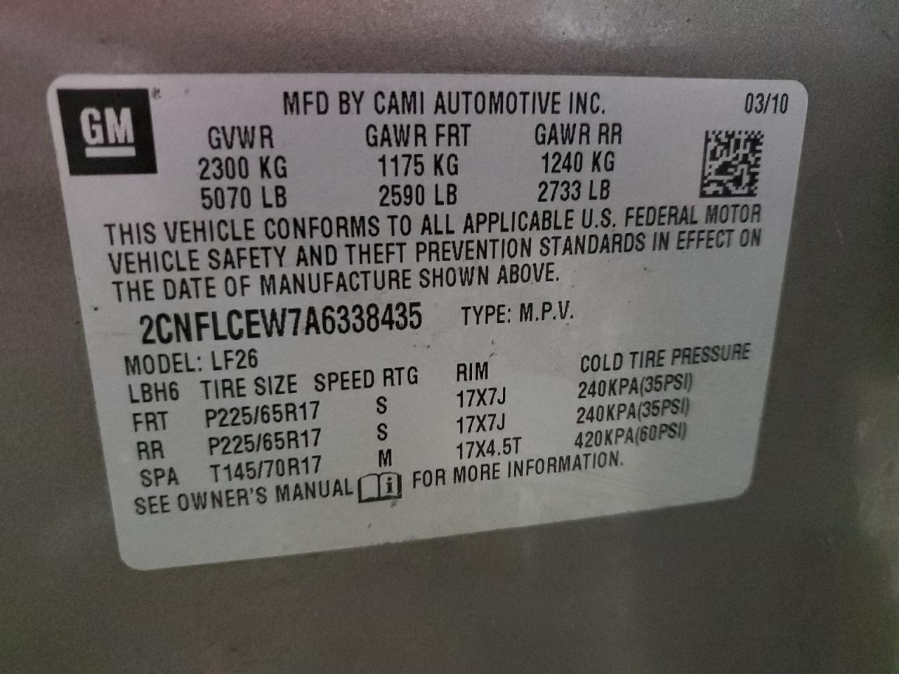 2010 Chevrolet Equinox VIN 2CNFLCEW7A6338435 Copart auction photo, front end damage thumbnail 13