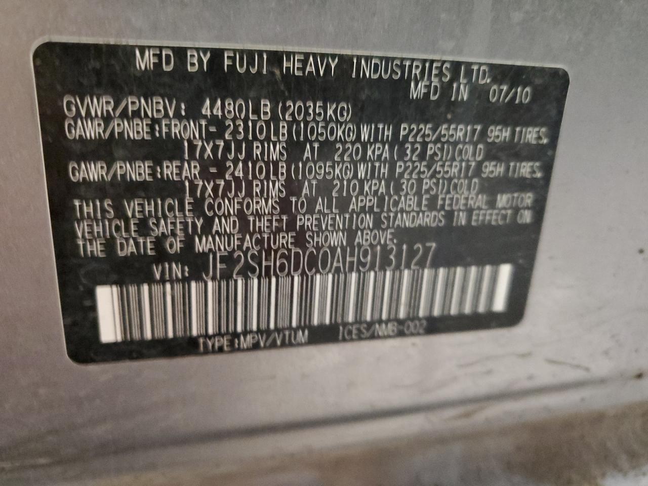 2010 Subaru Forester VIN JF2SH6DC0AH913127 Copart auction photo, front end / side damage thumbnail 13
