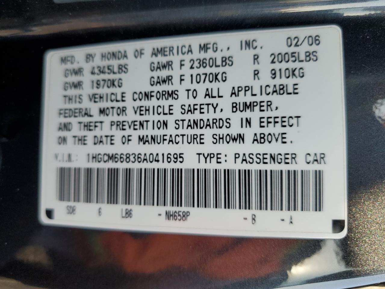 2006 Honda Accord VIN 1HGCM66836A041695 Copart auction photo, front end / minor dent/scratches damage thumbnail 12